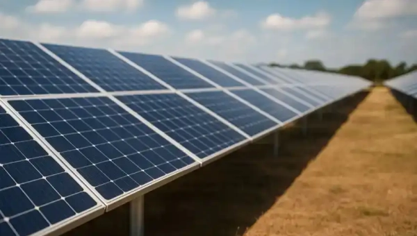 Symbolbild eines Solarparks mit Solarpaneelen, stellvertretend für den 20-Millionen-Dollar-Solarauftrag von Premier Energies in Benin.